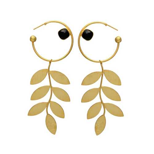 Designer Long Leaf Dangle Earring Set with Black Onyx Gemstone