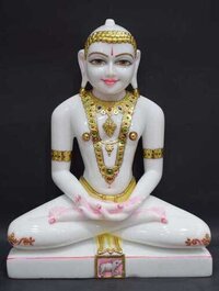 Marble Jain Mahaveer Statue - High Hardness Marble, Medium Size, White With Golden And Pink Accents - Intricate Handcrafted Carving, Polished Finish