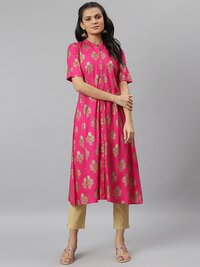 Viscose Rayon A-line Kurta - XL Size, Pink Color, 3-4th Sleeve | Ethnic Wear, Quick Dry, Washable, Embroidered Design