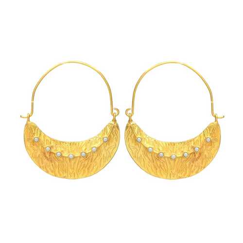 Golden Harf Moon Jhumka Earring set with Mini White Gemstones