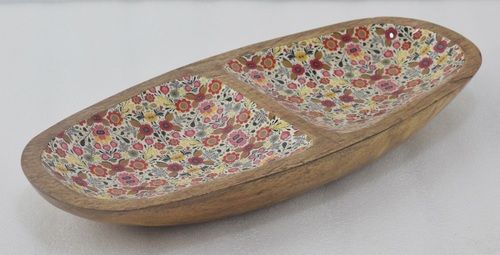 14 Inch Wooden Boat Dish With Multicolor Enamel