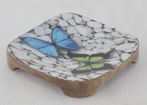 Wooden Square Dish With Butterfly Enamel