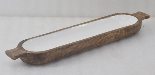 19 Inch Wooden Dish With White Enamel