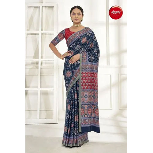 Multicolor Apple Ajrakh Japan Crepe Saree