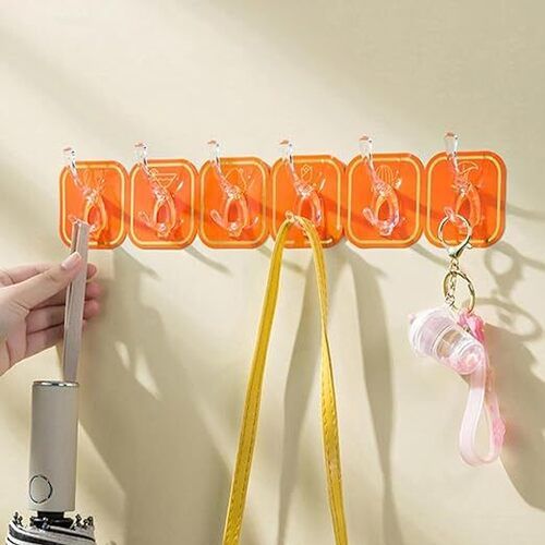 QXORE Self Adhesive Hook Waterproof and Rustproof use Kitchen Bathroom Home and Office Wall Hooks 5kg (1PCS, ORANGE-6-HOOK-HANGER)