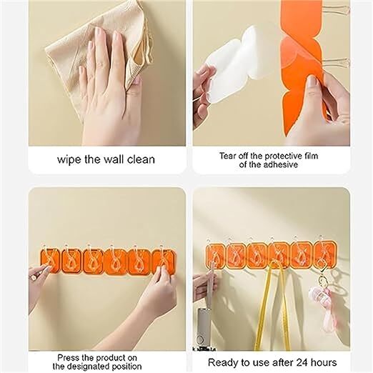 QXORE Self Adhesive Hook Waterproof and Rustproof use Kitchen Bathroom Home and Office Wall Hooks 5kg (1PCS, ORANGE-6-HOOK-HANGER)