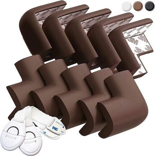 HAPPY CHLEAAR 10 Soft Corner Protectors for Kids - Foam Safety Protection for Tables, Furniture - Baby Kids Protection - "Active Foam" Technology. Free 2 Safety Locks. Certified Product (Brown)