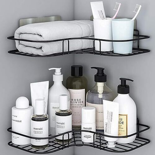 Mitsico Multipurpose Bathroom/Kitchen Corner Storage Organizer Wall Mounted Rack Shelf Shower Caddy (No Drilling - Shelf Adhesive) Bathroom Accessories Storage Rack (Black, Pack Of 1) (BLACK)