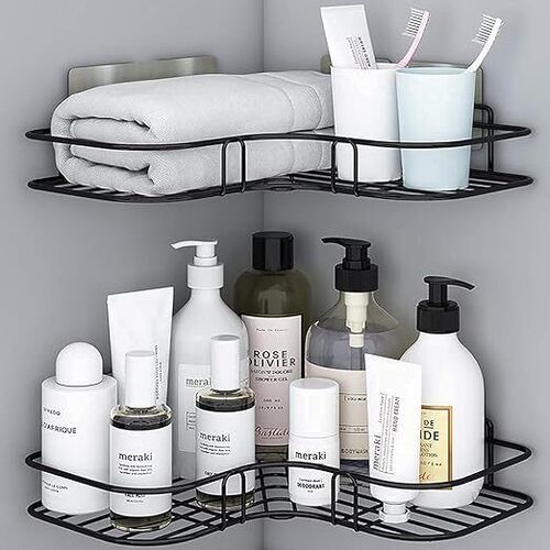 OSWELL Multipurpose Bathroom/Kitchen Corner Storage Organizer Wall Mounted Rack Shelf Shower Caddy (No Drilling - Shelf Adhesive) Bathroom Accessories Storage Rack (Black, Pack Of 1) (BLACK)