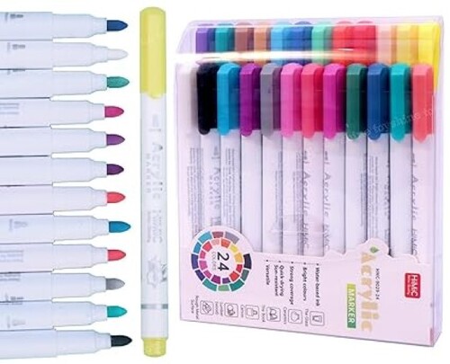 Toyshine Pack Of 24 Pcs Colors Acrylic Watercolor Markers Paint Pens For Rock, Canvas, Glass Painting, Ceramic, Photo Album, Craft, School Project For Children Art, Fine, Multicolor