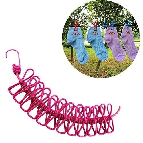 Mitsico Hanger 12 Clips Clothes Line Travel Clothes Drying Rope Windproof Elastic Clips, Easy to Use