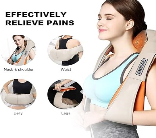 ROADDPMATE Cordless Shiatsu Neck and Back Massager with Heat, Rechargeable Shoulder Massager with USB Charge Cable, Portable 3D Kneading Massage Pillow for Pain Relief, Gift for Men & Women (Beige)