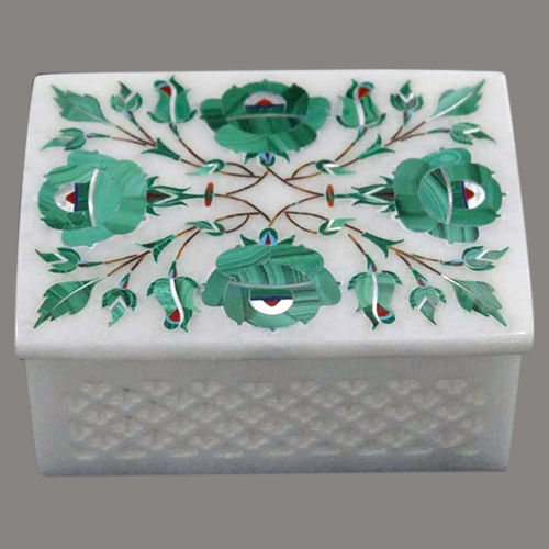 White Marble With Malachite Inlay Jewelry Box