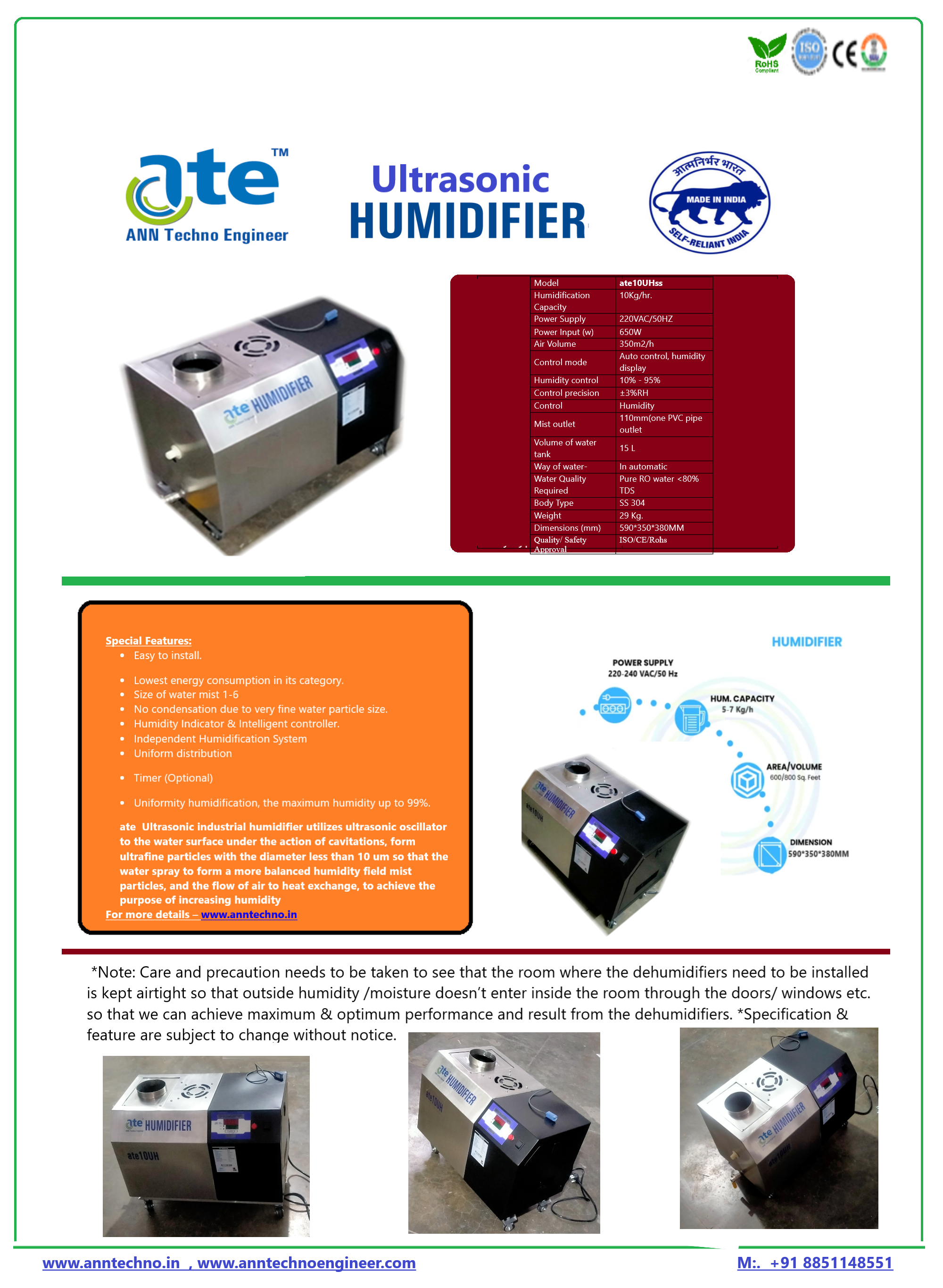 Ultrasonic Humidifier SS 304  10 Kg/Hr