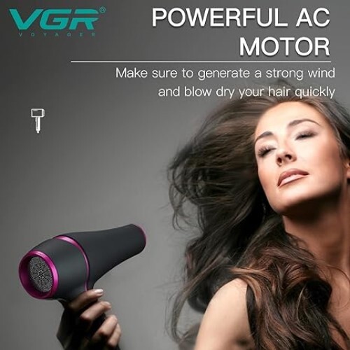 VGR V-402 Professional Hair Dryer 1800-2200 W 3 Heat Setting (Hot/Cool/Warm) with Independent Cool Shot comes with Diffuser, Concentrator, Double Overheating Protection and 2 Speed Settings -Black