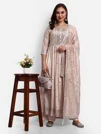 Cream Modal Chanderi Silk Palazzo Suits - Top Length Up To 50 Inch, Bottom Length Up To 38 Inch, Dupatta Length 2.20 Meter | Beautiful Sequence Embroidery, Heavy American Crepe Lining, Breathable And Non-toxic