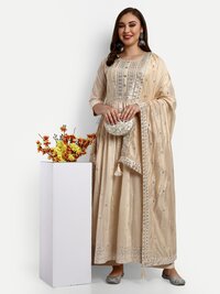 Beige Chanderi Silk Salwar Suits - Decoration Material: Sequins
