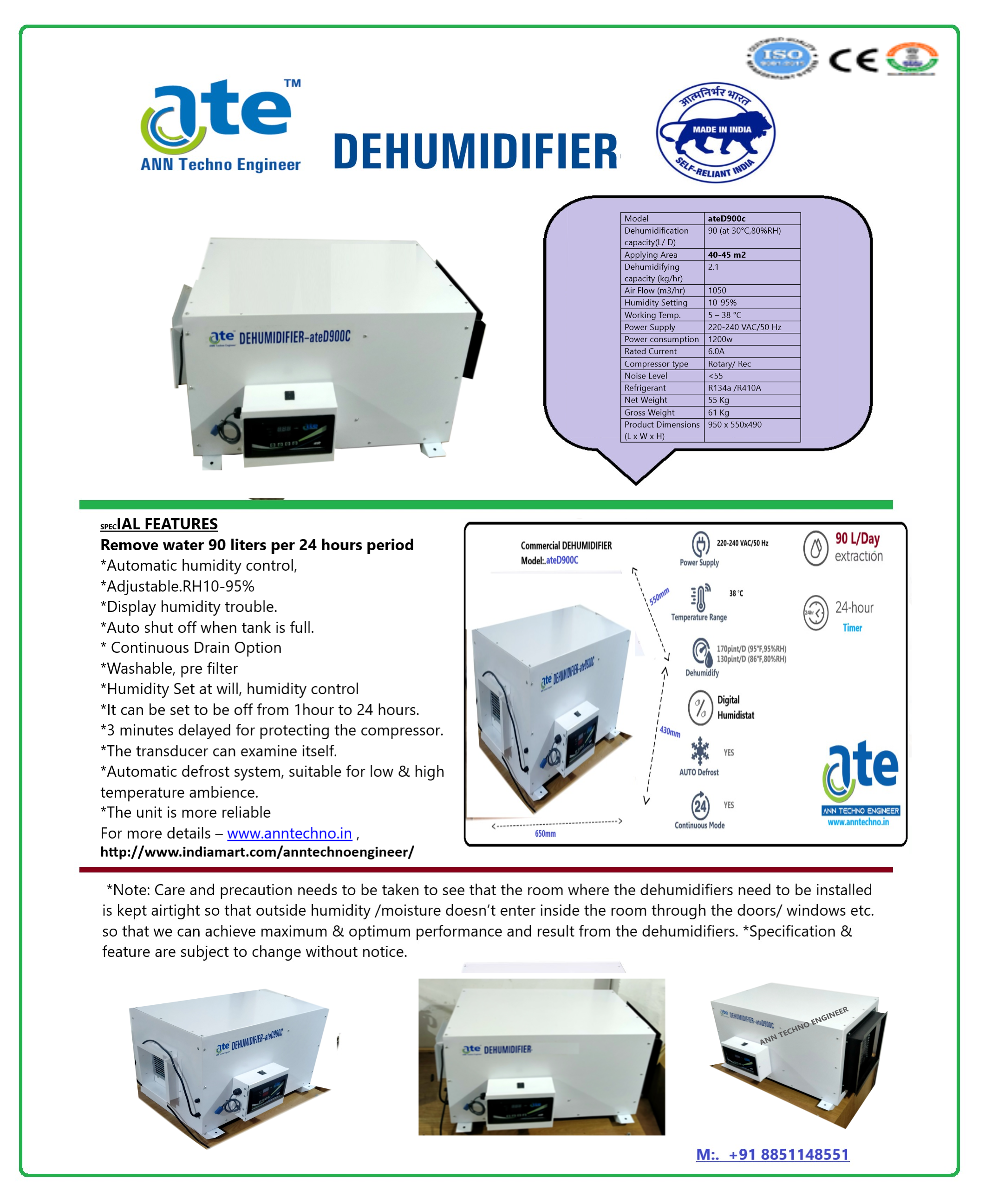 Celling And Wall Mounted Dehumidifier  ateD900C 90 L-Day