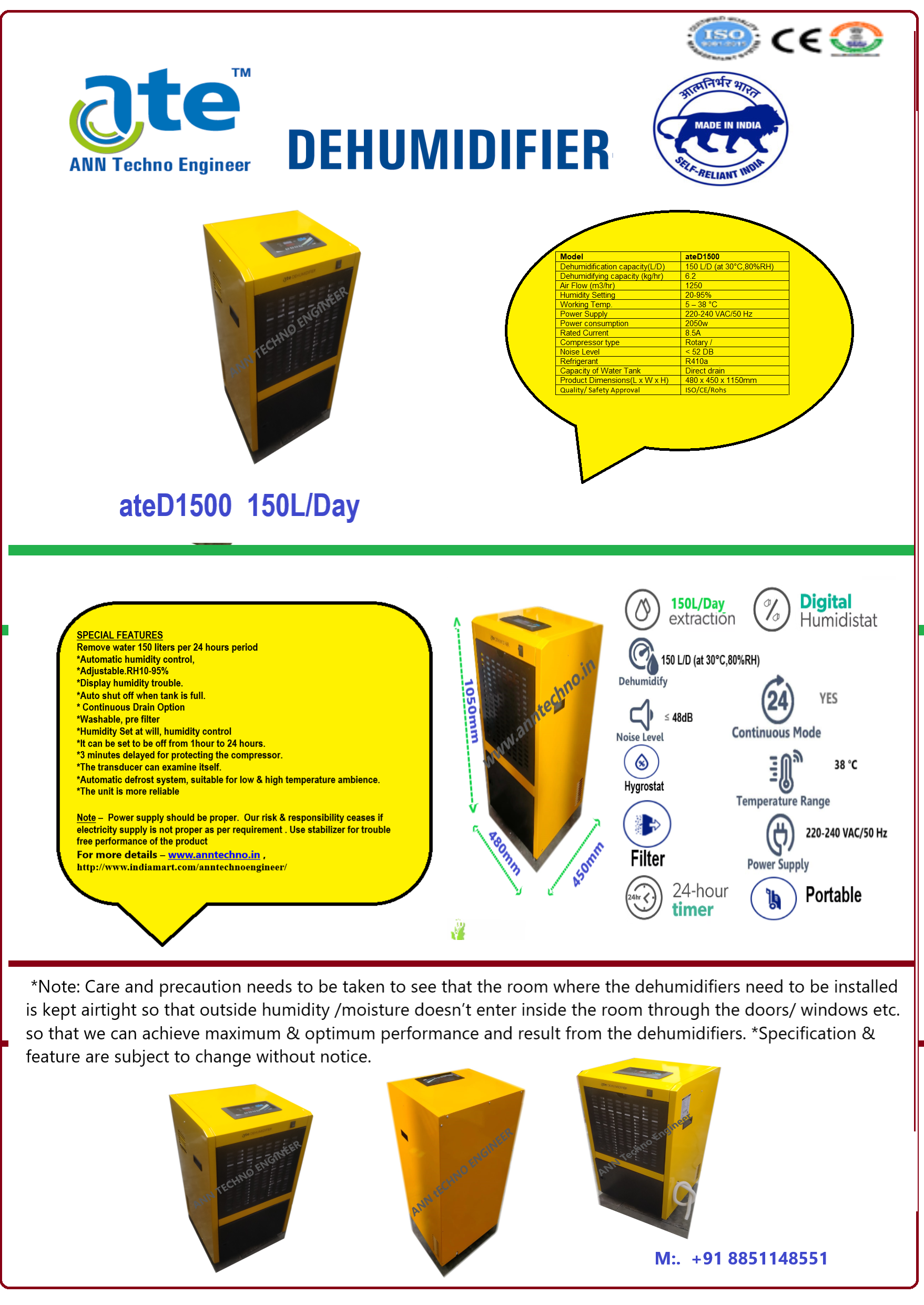 Industrial Dehumidifier ateD1500 150 L-Day