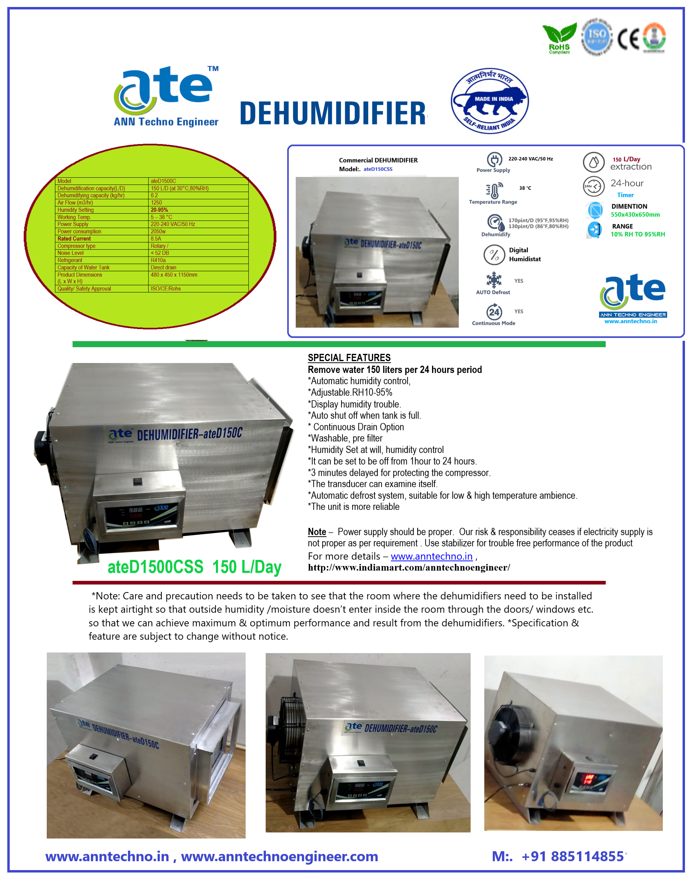 pharmaceutical wall Mounted  Dehumidifier ateD1500C 150 L-Day