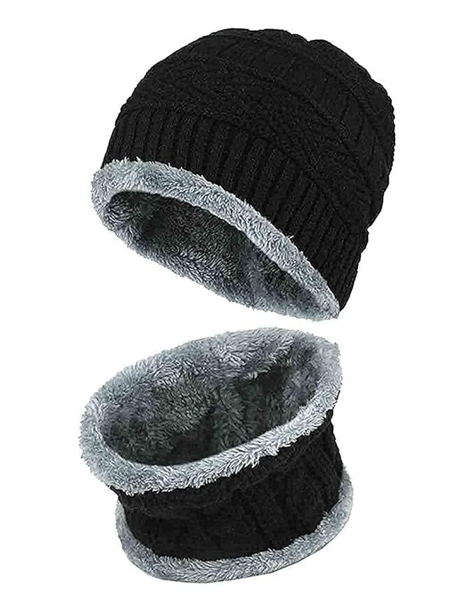 Heria Ultra Soft Unisex Woolen Cap with Neck Muffler/Neck Warmer Free Size for Men/Women's Wool Hat Scarf Set (Multicolor)