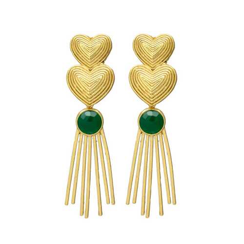 Dual Heart Dangle Green Onyx Gemstone Earring set