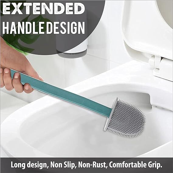 Wow Silicone Toilet Brush with Holder Set - Brush for Toilet Deep Cleaning - No-Slip Long Handle Soft Silicone Bristle Clean Toilet Corner Easily