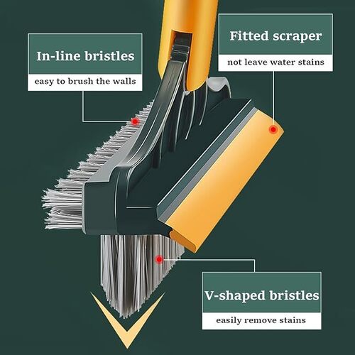 Gaolamber 3 in 1 Cleaning Scrub Brush Multifunction Grout Brush Scrape with Long Handle V-Shape Stiff Bristle Squeegee Brush Scrubber Magic Broom Brush for Cleaning Bathroom Glass Wall