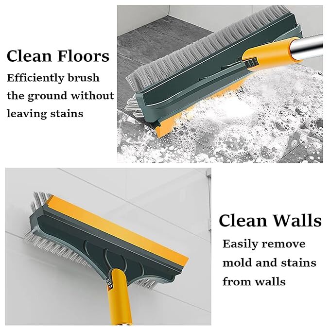 Gaolamber 3 in 1 Cleaning Scrub Brush Multifunction Grout Brush Scrape with Long Handle V-Shape Stiff Bristle Squeegee Brush Scrubber Magic Broom Brush for Cleaning Bathroom Glass Wall