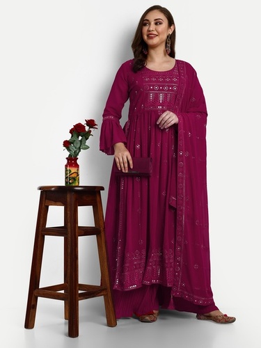 Rani Pink Georgette Designer Palazzo Suits - Decoration Material: Sequins