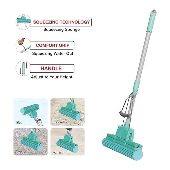 Mamohalu PVA Sponge Absorber Quick Cleaning Mop with Squeezing Technology Adjustable Handle Kitchen Bathroom Cleaner, Standard Size