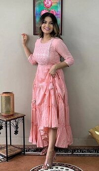 Lurex Printed Gown - Viscose Rayon, Sizes M To 7xl, Pink Hue | Embroidered Detailing, Anti-wrinkle, Breathable, Plus Size, All-season Wear