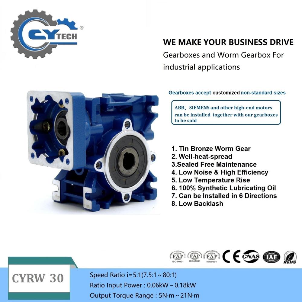 CHENYUE High Torque Worm Gearbox NMRW30 CYRW30 Input 11/9mm Output 14mm Speed Ratio from 5:1 to 80:1 Tin Bronze Worm Gear Free Maintenance