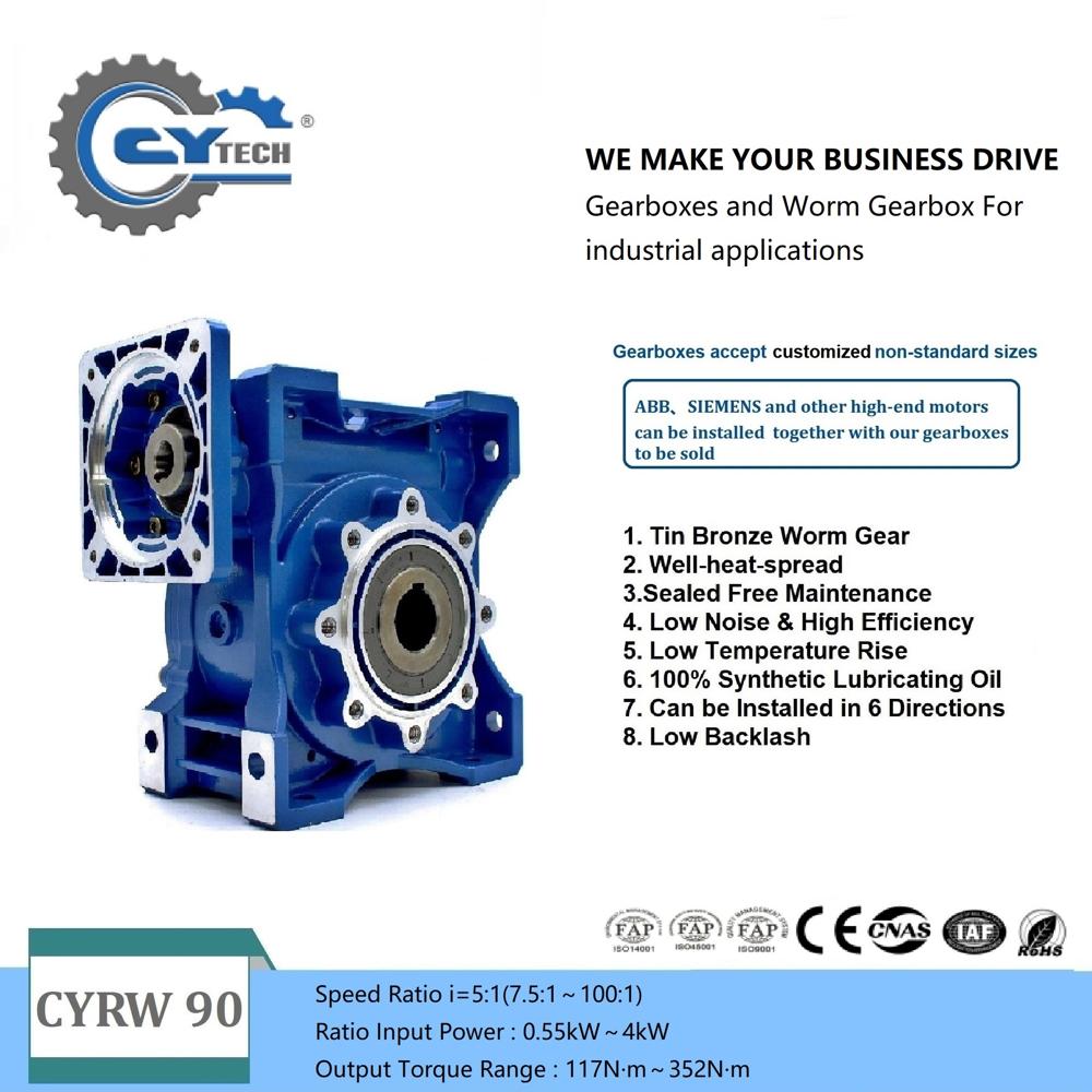 Blue Chenyue Worm Gearbox Reducer Nmrw-Cyrw090 Sliver Suppliers Input19/22/24/28Mm Output 35Mm Speed Ratio From 5:1 To 100:1 Free Maintenance