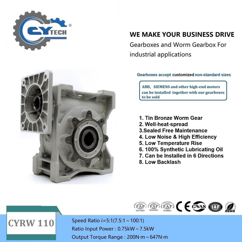 CHENYUE Worm Gearbox Reducer NMRW110 Input 19/24/28/38mm Output 42mm Speed Ratio from 5:1 to 100:1 Tin Bronze CNC Speed Free Maintenance