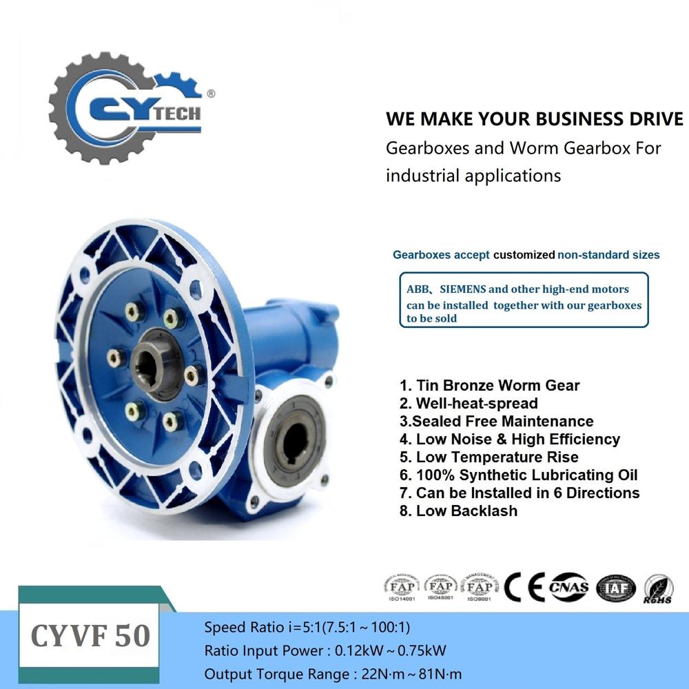 CHENYUE Big Torque Worm Gearbox NMVF 50 CYVF50 Input 14/11/19mm Output 25mm Speed Ratio from 5:1 to 100:1 Tin Bronze Worm Gear Free Maintenance