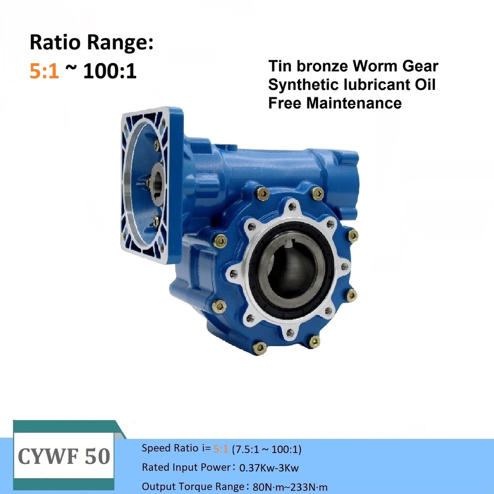 CYWF50 - Iron Die-Cast Worm Gearbox 22-50.25mm, High Efficiency, Blue/Gray Colors, Free Maintenance, Suitable for Industrial Use