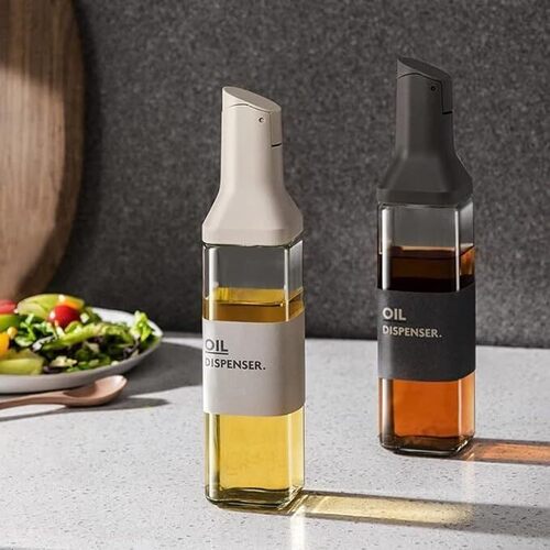 LIMBANI BROTHERS Glass Olive Oil Dispenser, 500ML Clear Soy Sauce Container, Oil Vinegar Bottle with Automatic Lid Opening and Closing, Drip Free Spout Olive Oil Dispenser (Multicolor)