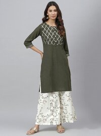 Kurti Palazzo Set - Cotton, Size M to XXL, Green Kurti with White Printed Palazzo, Full Sleeves, Handwork Embroidery, Quick Dry, Washable, All Season