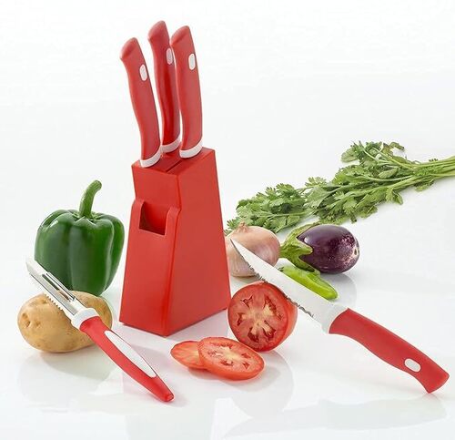 AKBARI TRADERS Knife Set with Plastic Block for Kitchen with Stand, Knife Set for Kitchen use, Knife Holder for Kitchen with Knife 5-Pieces Knife Stand (Plastic) + 4 Knife+1 Peeler (RED)