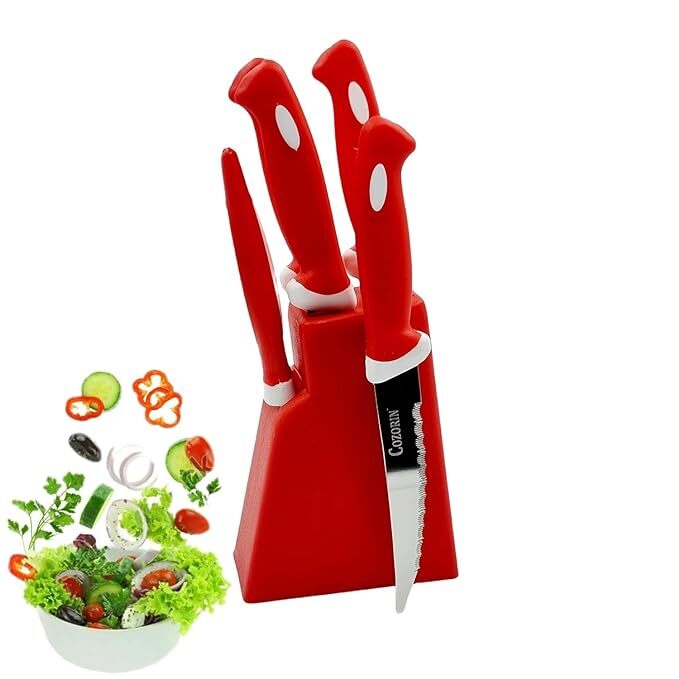 AKBARI TRADERS Knife Set with Plastic Block for Kitchen with Stand, Knife Set for Kitchen use, Knife Holder for Kitchen with Knife 5-Pieces Knife Stand (Plastic) + 4 Knife+1 Peeler (RED)