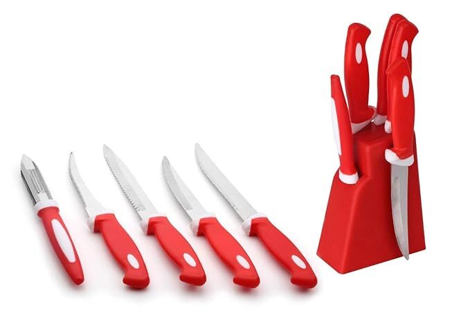 AKBARI TRADERS Knife Set with Plastic Block for Kitchen with Stand, Knife Set for Kitchen use, Knife Holder for Kitchen with Knife 5-Pieces Knife Stand (Plastic) + 4 Knife+1 Peeler (RED)