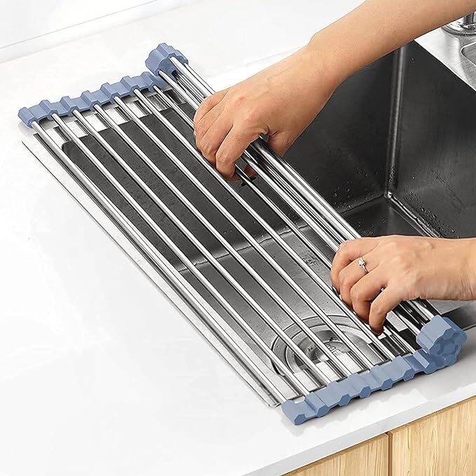 Mitsico Foldable Multipurpose Rollup Stainless Steel Kitchen Organizer Utensils Dish Drying Drainer Rack Mat for Over Sink and Fruit-Vegetable Strainer Colander