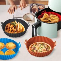 Reusable Food Safe Heating Baking Tray with Handles, Silicone Non-Stick Air Fryer Basket & Baking Tray, Round Silicone Cooking Oven Insert Accessories Basket