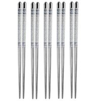 Zenkova Stainless Steel Round Chopstick Dishwasher Safe Lightweight Easy to Use Metal Chop Stick Utensils, Grey and White Porcelain Pattern Non-Slip Chopsticks Tableware Set, Reusable (5 Pairs Set)