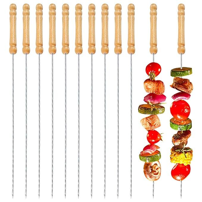 R Runilex Skewers Sticks with Wooden Handle for BBQ Grill, 12 inch,12 Pcs Tandoor Barbeque Grill BBQ Needle