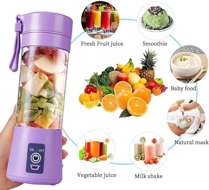 Mitsico Portable Blender, Personal Size Electric Rechargeable USB Juicer Cup, Fruit Mixer Jar Machine with 4 Blades for Home and Travel (380 ml, Multi-colour)