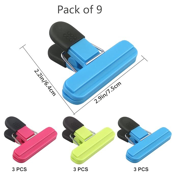 Food Bag Clips for Food Storage Set of 9 Food Clips Kitchen Storage Clip Seal Clips,Sturdy,Airtight,Reusable 3 Colours Convenient for keeping food fresh - Ideal for Home, Kitchen,Travel,Camping