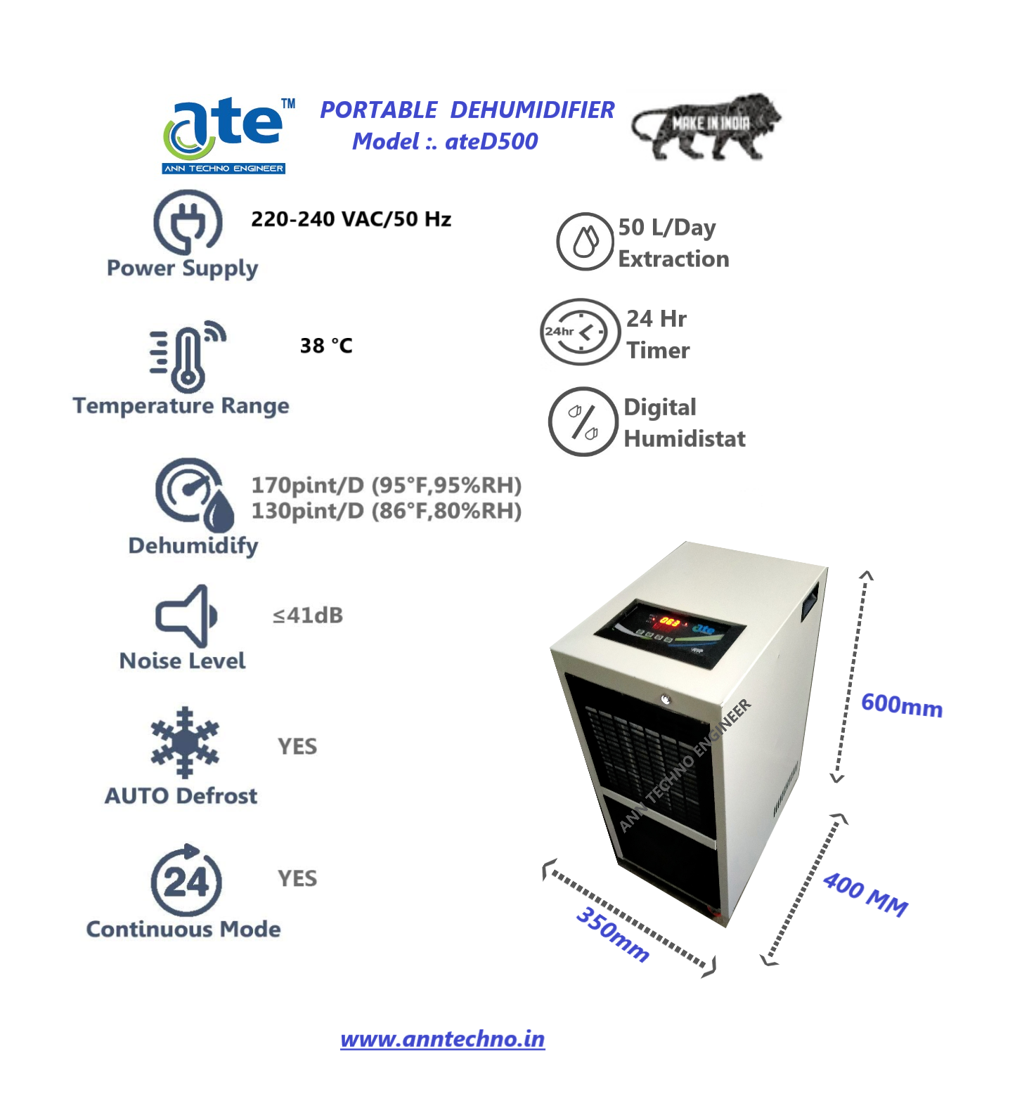 Semi Commercial Refrigerant Dehumidifier ateD500 50L-Day