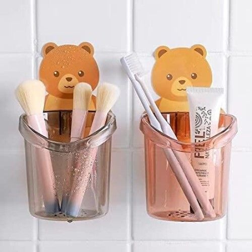 Amz Deals Teddy Bear Tooth Brush Holder for Bathroom Wall Mounted Self-Adhesive Tooth Paste Brush Stand for Wash Basin Plastic (Multicolor) (Pack of 2)